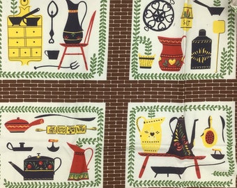 Vintage Kitchen Fabric, Kitchenware Vintage Fabric 3 Pieces, Vintage Quilt Fabric, Vintage Fabric Collector, Retro Kitchen Fabric