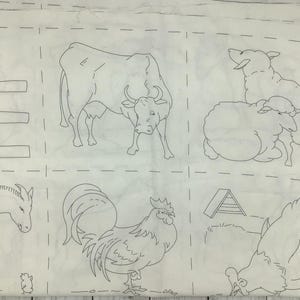 May include: White fabric featuring line drawings of farm animals, including a bull, sheep, rooster, and hen. The animals are outlined in black, with dashed lines separating each image. The fabric is likely for a sewing or craft project.