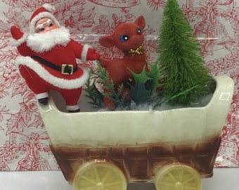 Vintage Christmas Decor, Santa and Reindeer Christmas Arrangement, Santa and Bottle Brush Tree Christmas Decor, Kitschy Christmas
