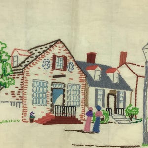 Vintage Crewel House Picture, Wonderart Colonial Town Completed Unframed Picture, Vintage Needlework, Women and House Crewel, Crewel Collect