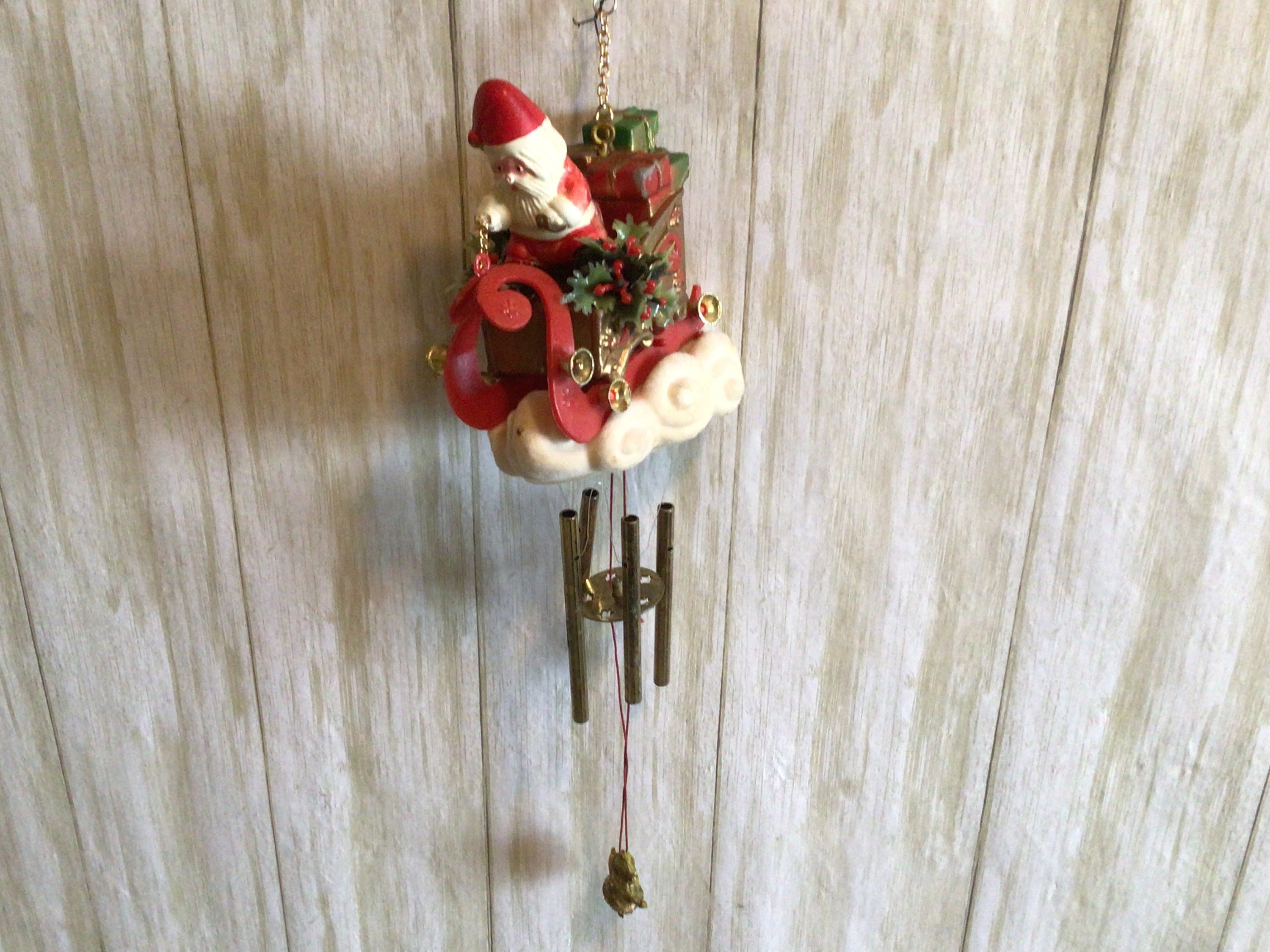 Vintage 1973 Holiday Christmas Lantern Wind Chimes Angel Poinsettia Red  Ribbon