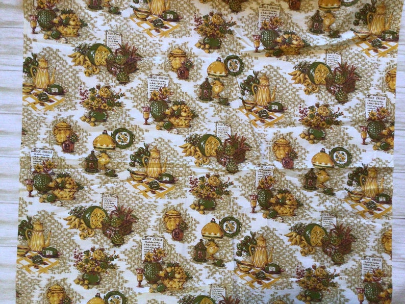 Vintage Fabric by the Yard, Cotton Percal Fabric, Vintage Gold Kitchen Fabric by the Yard, Kitchen Kitschy Fabric, Avocado Green Fabric image 5
