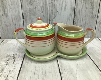 Vintage Striped Cream and Sugar Set, Japan Creamer and Lidded Sugar on Tray, Vintage Kitchen Decor, Vintage Dishware