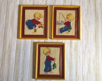 Vintage Boy Fishing Needlepoint, Set of 3 Boy Needlework Pictures, Boy Room Decor, Vintage Boys Wall Decor, Needlepoint Collector Gift