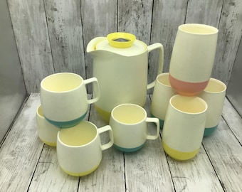 Vintage Plastic Pitcher Set, Bopp Decker Pitcher and Tumblers, Vintage Yellow Pitcher with Cups, Vintage MCM Kitchenware