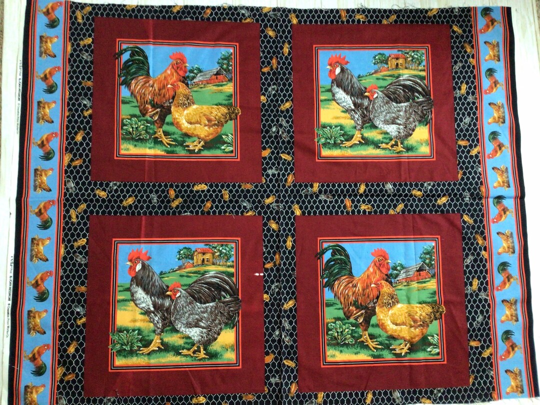 Chicken Fabric, VIP Chicken Panel, 4 Squares Chicken Fabric, Rooster