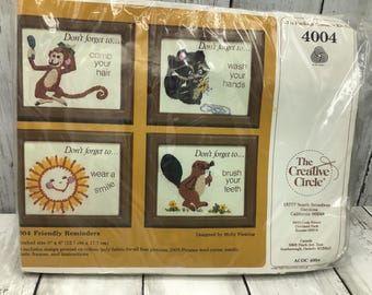 Vintage Crewel Kit, The Creative Circle 4004, Friendly Reminders Crewel Pictures, Set of 4 DIY Crewel Pictures, 1980s Crewel, Retro Bathroom