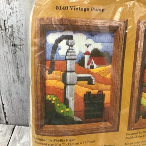 May include: A framed needlepoint kit titled "0140 Vintage Pump." The artwork depicts a vintage water pump in a rural landscape with a red-roofed building. The finished size is 5" x 7" (12.7 cm x 17.7 cm).