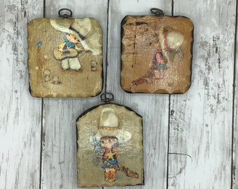 Vintage Handmade Cowboy Pictures Set of 3, Cowboy Decoupage Placque, Vintage Kids Western Decor, Vintage Wall Decor, Cowgirl Wall Placques