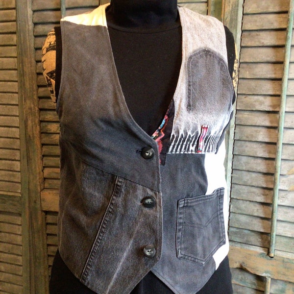 Vintage Black Jean Vest, Handmade Womens S-M Denim Patchwork Vest, Upcycled Black Denim Jean Vest, One of a Kind Vest