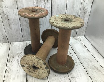 Industrial Wood Textile Spools, Choice of 9” Wooden Spools, Wood Spools with Chippy Paint, Vintage Decor, Chippy Paint Decor