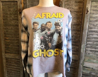 Upcycled Ghostbusters Flannel Tshirt Woman XL/2XL,  80s Movie Recycled Tshirt, Oversized Gray Flannel T- Shirt, Woman Clothing