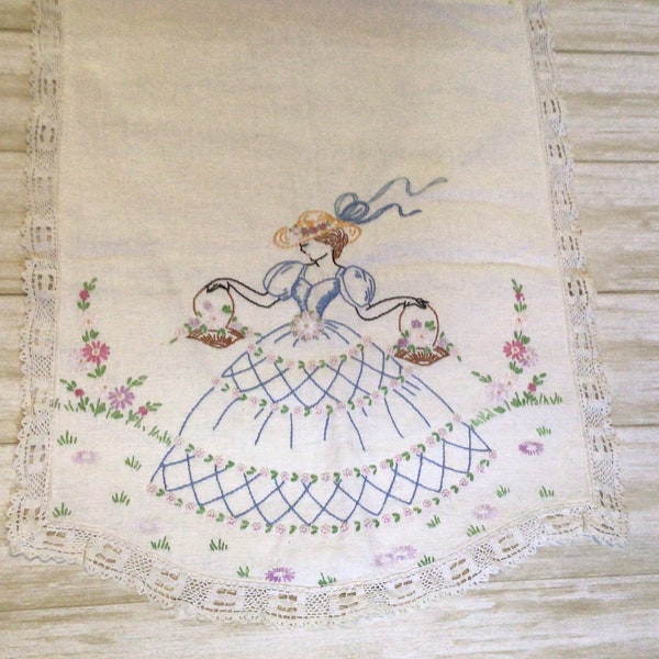 Hand Embroidered Dresser Scarg, Woman with Basket Vintage Tablerunner with Lace Edging, Vintage Bedroom Decor. Hand Embroidery Linens