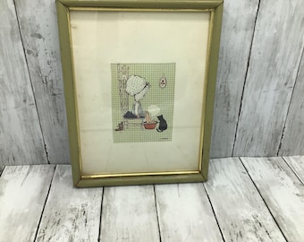 Vintage Holly Hobbie Picture, Girl with Cat Wall Decor, Framed Holly Hobbie Print, 1970s Wall Decor, Girls Room Decor