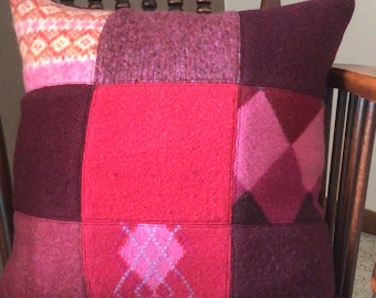 Wool Pink and Maroon Pillow Cover 17”, Wool Patchwork Pillow Cover, Upcycled Pink and Maroon Wool Sweaters Pillow Cover Sham