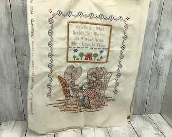 Vintage Holly Hobbie Stamped Cross Stitch, Holly Hobbie 1978 American Greetings Unfinished Needlework Picture, Vintage Girls Room Decor
