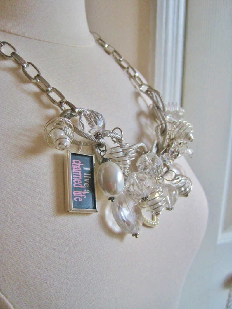 Chunky Glam Double Chain Charm Necklace With Pearls Crystals Etsy