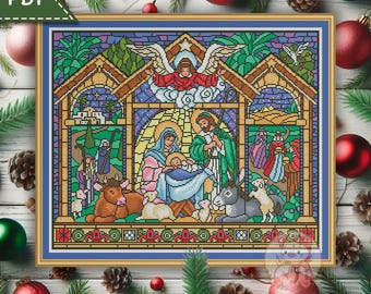 Christmas cross stitch pattern. Stained glass style xstitch chart. Instant download. For Pattern Keeper.