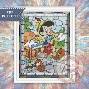 Pinocchio cross stitch pattern. Stained glass xstitch chart PDF. For Pattern Keeper
