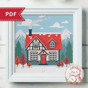 Winter cottage Cross stitch pattern - Red roof house xstitch chart - Village home sampler embroidery pattern - For Pattern Keeper