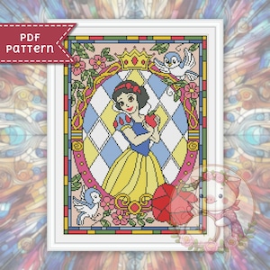 Snow White cross stitch pattern. Stained glass xstitch chart PDF. For Pattern Keeper