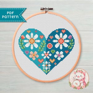 Patrón de punto de cruz de corazón floral - Gráfico de punto de cruz para el día de San Valentín en formato PDF - Para Pattern Keeper