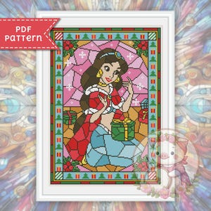 Christmas Jasmine cross stitch pattern. Stained glass xstitch chart PDF. For Pattern Keeper