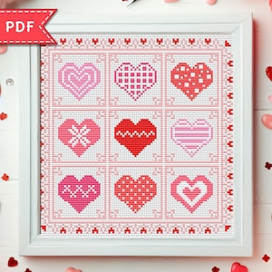 Muestra de patrones de punto de cruz con forma de corazón - Gráfico de punto de cruz para el día de San Valentín - Patrón de punto de cruz Love PDF - Para Pattern Keeper