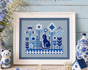 Delft blue cat cross stitch pattern - Folk animals xstitch chart PDF - For Pattern Keeper