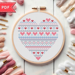 Muestra de patrones de punto de cruz con forma de corazón - Gráfico de punto de cruz para el día de San Valentín - Patrón de punto de cruz Love PDF - Para Pattern Keeper
