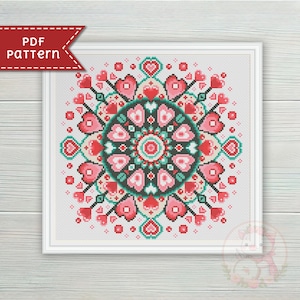 Patrón de punto de cruz de mandala de corazón. Gráfico de punto de cruz para San Valentín en PDF. Para Pattern Keeper.