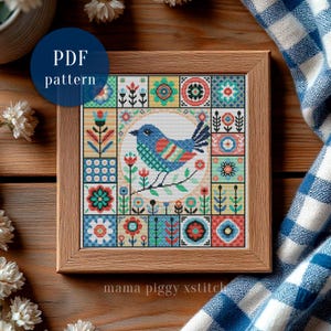 Patrón de punto de cruz de patchwork de pájaros - Gráfico de punto de cruz escandinavo popular (PDF)