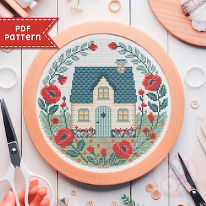 Poppy cottage Kruissteekpatroon - Bloemen landhuis x-steekkaart - Borduurpatroon dorpshuis sampler - For Pattern Keeper
