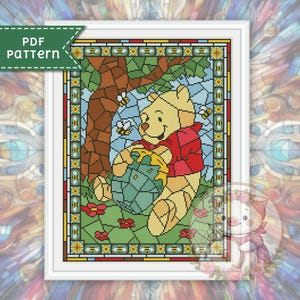 Bear and honey cross stitch pattern. Stained glass xstitch chart PDF. For Pattern Keeper