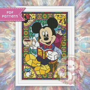 Mickey with book cross stitch pattern. Stained glass xstitch chart PDF. For Pattern Keeper