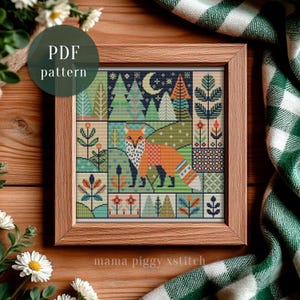 Schema patchwork a punto croce con foresta di volpi - Schema a punto croce scandinavo popolare in PDF