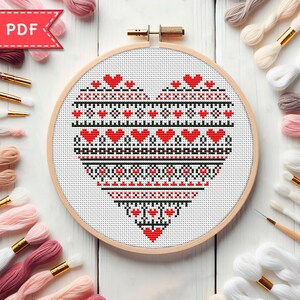 Muestrario de patrones de punto de cruz con forma de corazón. Gráfico de punto de cruz para San Valentín en PDF. Para Pattern Keeper.
