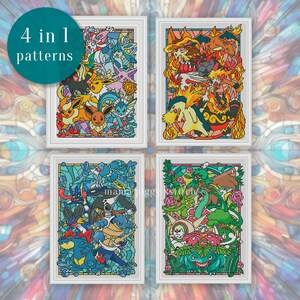 Puede incluir: Cuatro patrones de punto de cruz con coloridas criaturas de dibujos animados en estilo vidriera. Arriba a la izquierda varias criaturas pequeñas, arriba a la derecha criaturas de fuego, abajo a la izquierda criaturas de agua y abajo a la derecha criaturas de planta. El texto dice 4 in 1 patterns.
