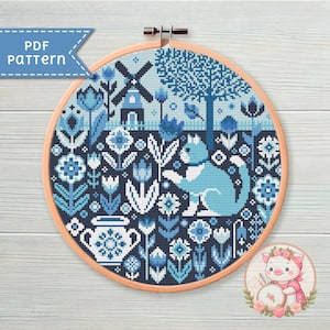 Delft blue cat cross stitch pattern - Folk animals xstitch chart PDF - For Pattern Keeper