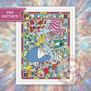 Alice cross stitch pattern. Stained glass xstitch chart PDF. For Pattern Keeper