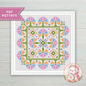 Floral cross stitch pattern sampler - Folk xstitch chart PDF - For Pattern Keeper