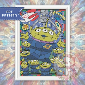 Aliens cross stitch pattern. Stained glass xstitch chart PDF. For Pattern Keeper