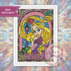 Rapunzel cross stitch pattern. Stained glass xstitch chart PDF. For Pattern Keeper
