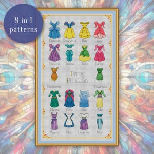 May include: Cross-stitch pattern featuring 16 Disney Princess dresses in various colors, including blue, yellow, pink, and green. The framed artwork includes the text "8 in 1 patterns" and "Disney Princesses".