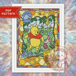 Bear and Pig cross stitch pattern. Stained glass xstitch chart PDF. For Pattern Keeper