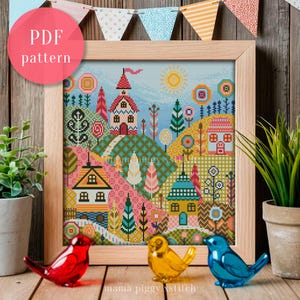 Patrón de punto de cruz de un pueblo caprichoso - Gráfico de punto de cruz escandinavo de patchwork en PDF