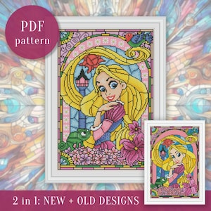 Puede incluir: Un patrón de punto de cruz enmarcado con una princesa de dibujos animados con pelo largo y rubio, un vestido rosa y un camaleón verde. El diseño es de estilo vidriera, con el texto "PDF pattern" y "2 in 1: NEW + OLD DESIGNS".