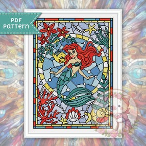 Mermaid cross stitch pattern. Stained glass xstitch chart PDF. For Pattern Keeper