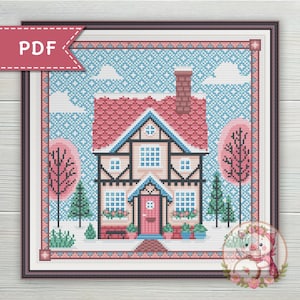 Winter Cottage Kreuzstich Stickmuster - Rosa Dach Haus Stickvorlage - Dorf home Sampler Stickmuster - Für Musterwächter