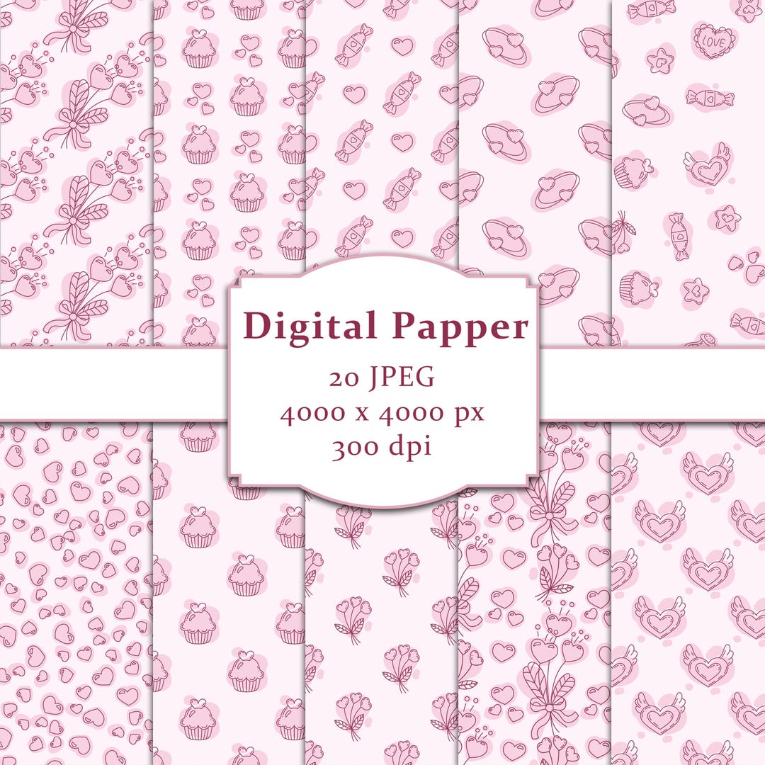 Valentines Day Digital Paper 20 JPEG. Hearts & Love Seamless Patterns ...